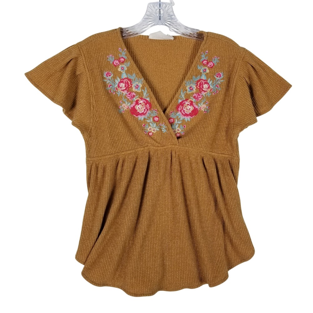 Savanna Jane Top Women S Mustard Floral Embroidered Flutter Sleeve Ribbed 18763
